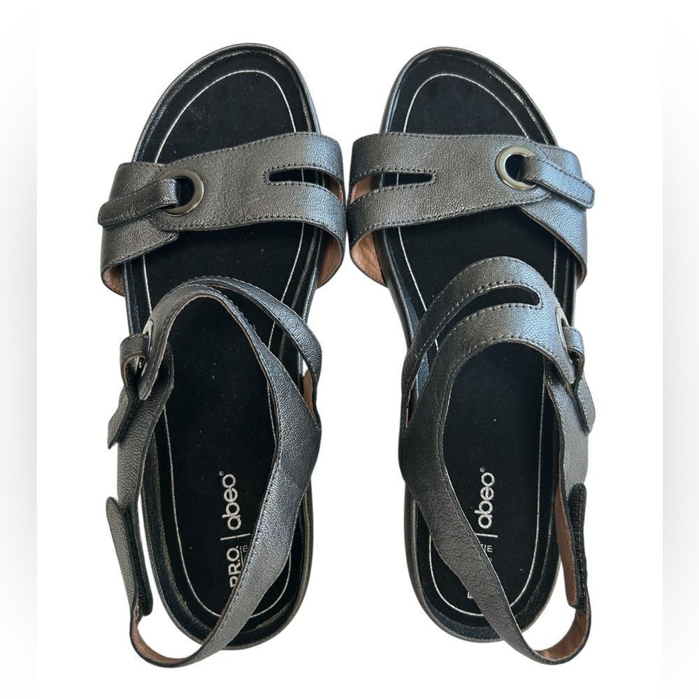 Abeo Greta Wedge Leather Sandal Pewter Gray Strappy Orthotic Athletic Size 11